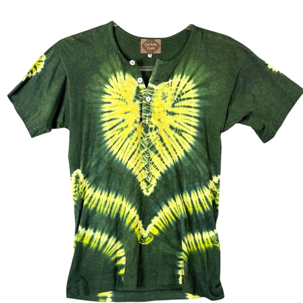 Caribelle Batik Heart Tie Dye Henley T-Shirt Yellow Green Womens M Hand Dyed